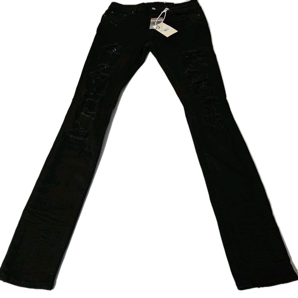 NEW Mnml Jeans Mens 31 (31x33) Black Stretch Denim Paint Splatter Distressed - Picture 3 of 11